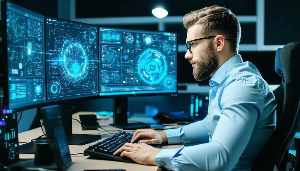 IT professional working on a computer, symbolizing the pursuit of knowledge and skills in technology.