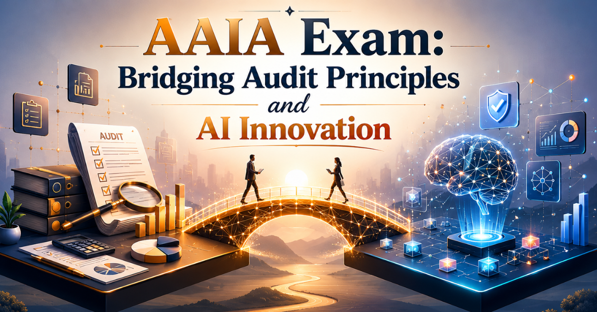 An isometric 3D illustration depicting a conceptual bridge connecting traditional audit documentation with abstract AI components, representing the integration validated by the ISACA AAIA certification.