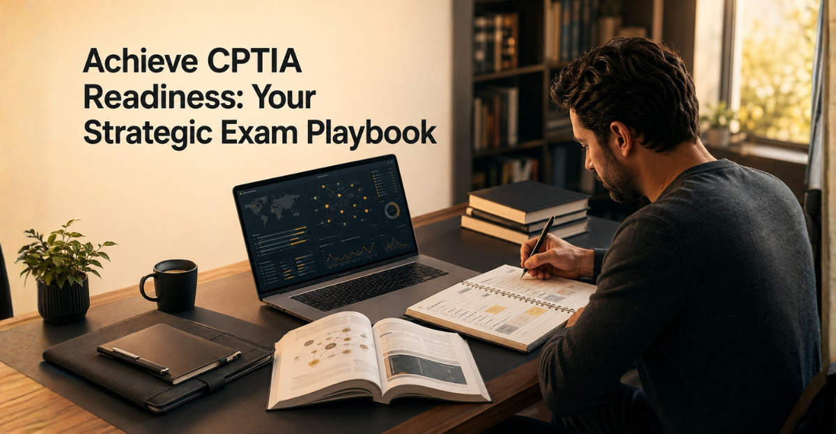A man intently studying at a tidy desk with a laptop, textbook, and planner, representing strategic preparation for the CREST CPTIA exam.