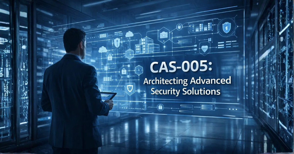 A cybersecurity professional stands in a futuristic data center reviewing a holographic interface labeled “CAS-005: Architecting Advanced Security Solutions,” surrounded by digital security and cloud architecture icons.