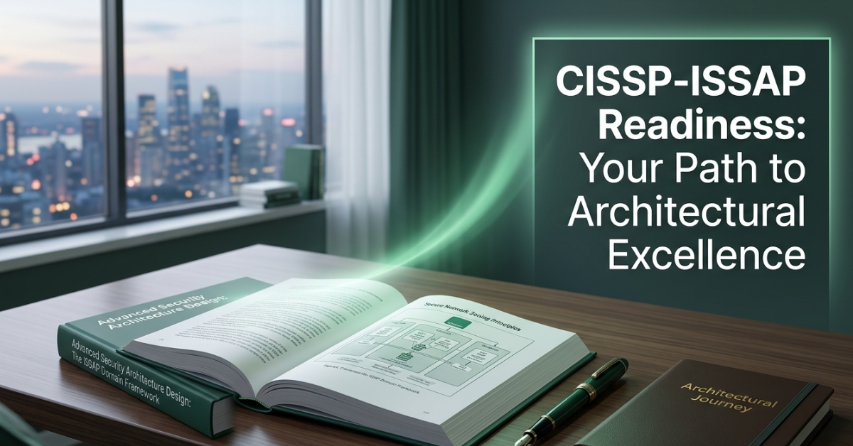A clean study desk with an open security architecture textbook, overlooking a city skyline, symbolizing preparation and the career path unlocked by CISSP-ISSAP. The image is a wide environmental scene in cinematic realism with an emerald, slate, and white palette.