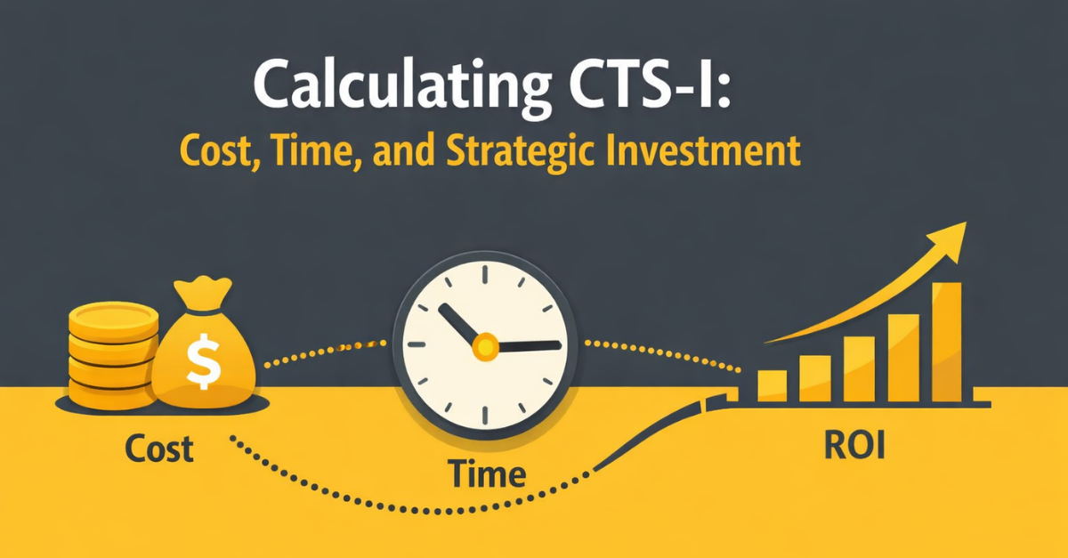 An abstract infographic depicting the calculation of CTS-I certification costs and time investment, illustrating a path towards a positive return on investment with minimalist icons and a clean design.