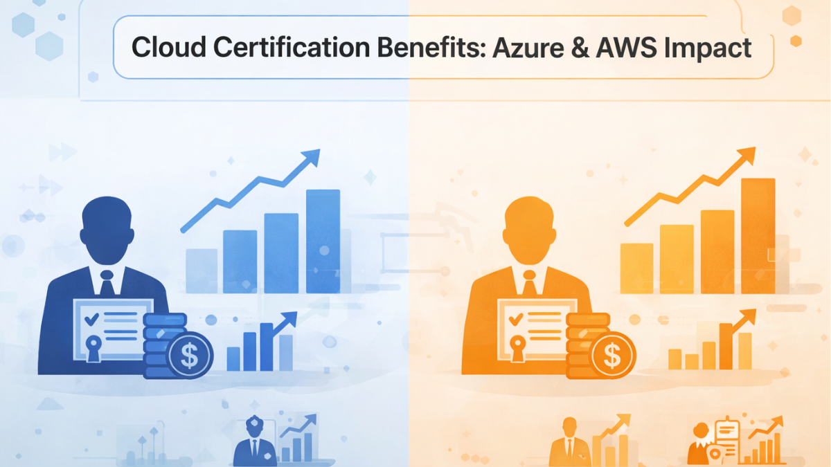 A dual-panel infographic visually comparing career benefits of Azure and AWS certifications, showing abstract growth charts and icons for salary and skill validation in blue/purple and orange/yellow themes.