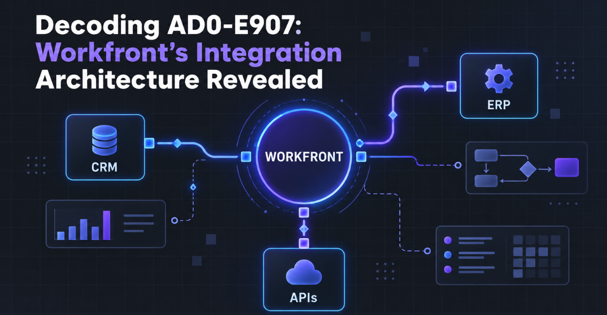 A conceptual infographic showing Workfront's integration architecture, with abstract nodes representing Workfront and connected external systems, relevant to the AD0-E907 exam.