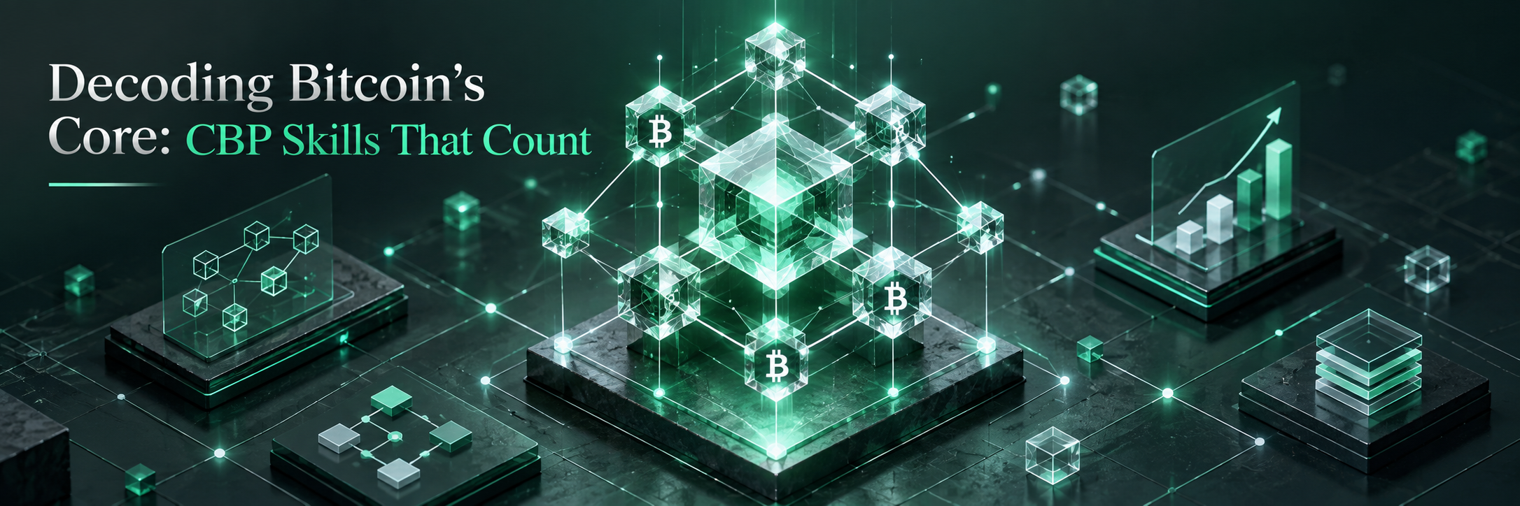 An abstract isometric 3D illustration shows interconnected data points and lines forming a glowing crystalline network, subtly incorporating Bitcoin symbols. This visual metaphor represents the complex skills and core knowledge validated by the Certified Bitcoin Professional (CBP) exam, emphasizing clarity and expertise.