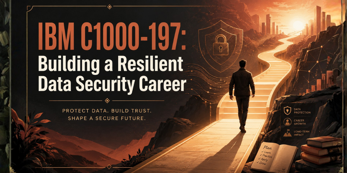 A digital illustration shows a professional's silhouette ascending a career path, symbolizing how the IBM C1000-197 certification builds a resilient data security career.