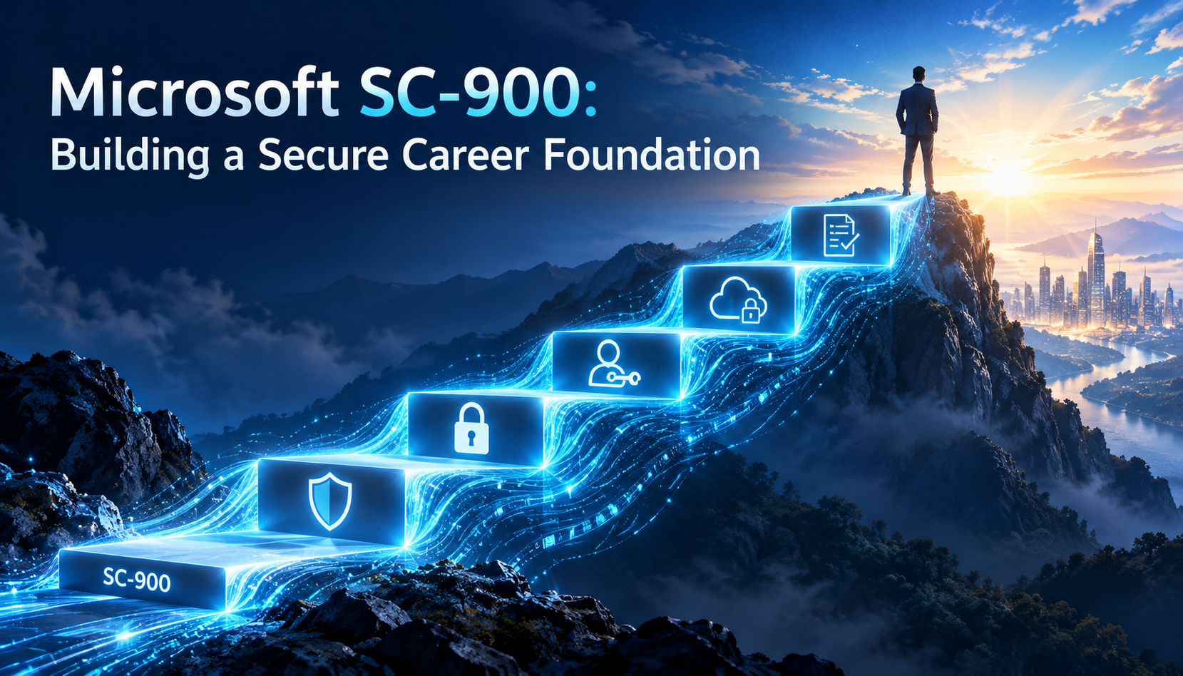 Semi-realistic illustration of an ascending career path with security concepts, symbolizing professional growth with Microsoft SC-900 certification.