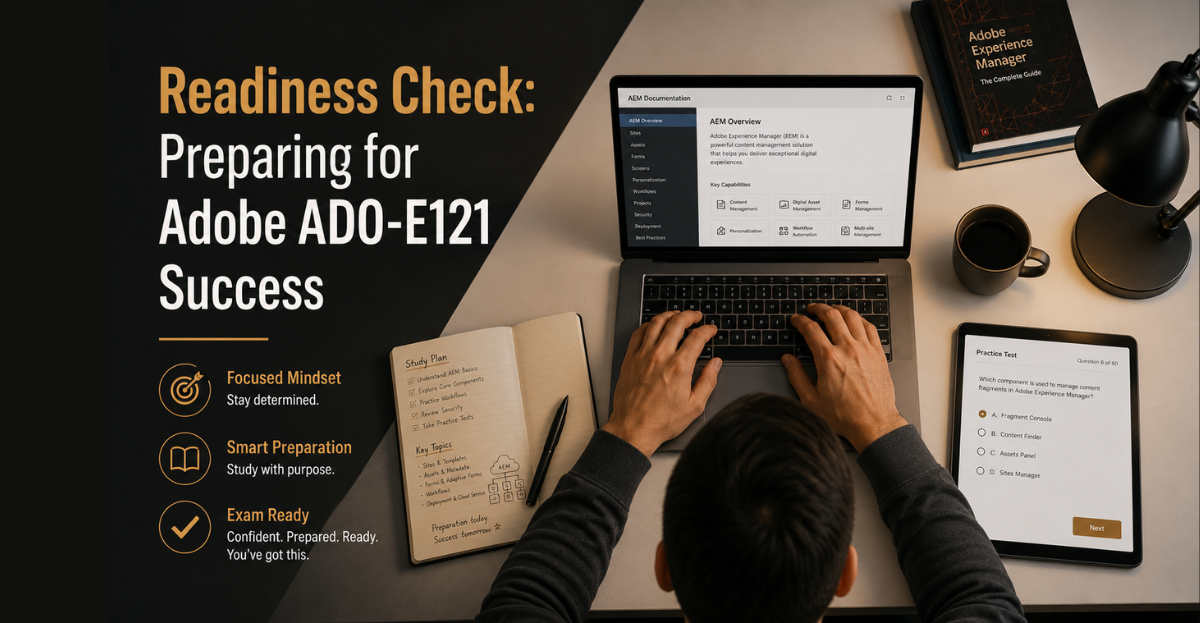 A focused adult man is at a tidy desk with a laptop, notebook, and tablet, diligently preparing for the Adobe AD0-E121 certification exam, highlighting readiness.