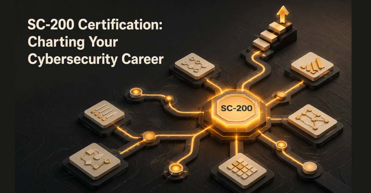 An isometric illustration showing an abstract network of glowing pathways and nodes, with a prominent SC-200 icon at the center, symbolizing career progression and opportunities in cybersecurity.