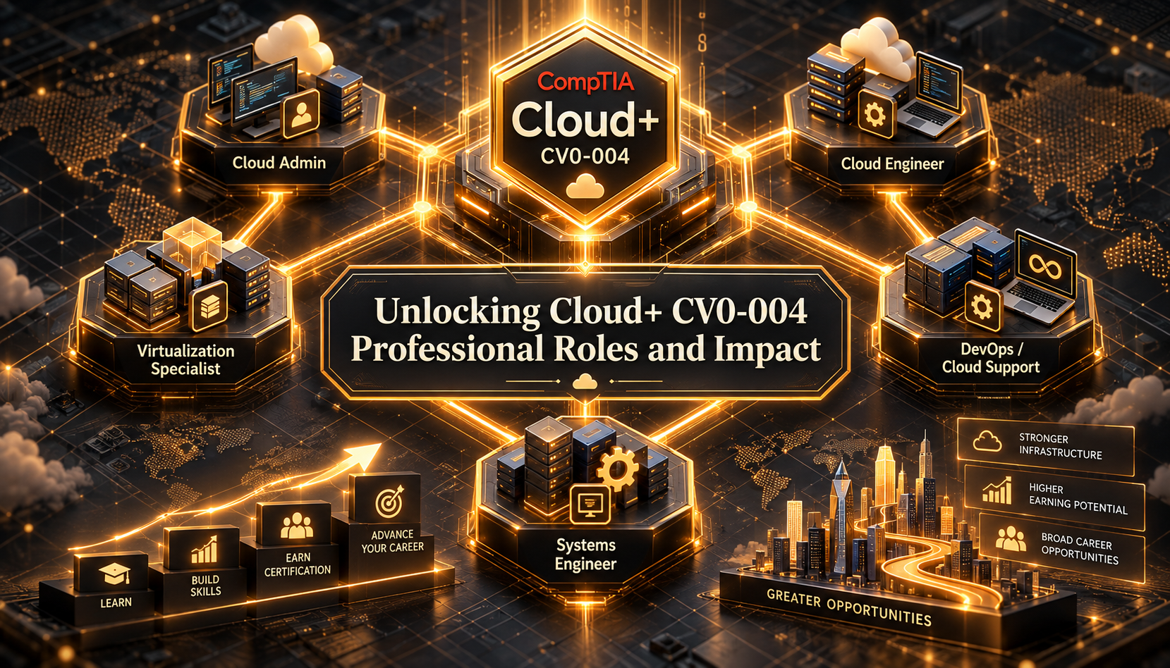 An isometric 3D illustration showing interconnected hexagonal nodes representing diverse professional roles linked to the central CompTIA Cloud+ CV0-004 certification badge.