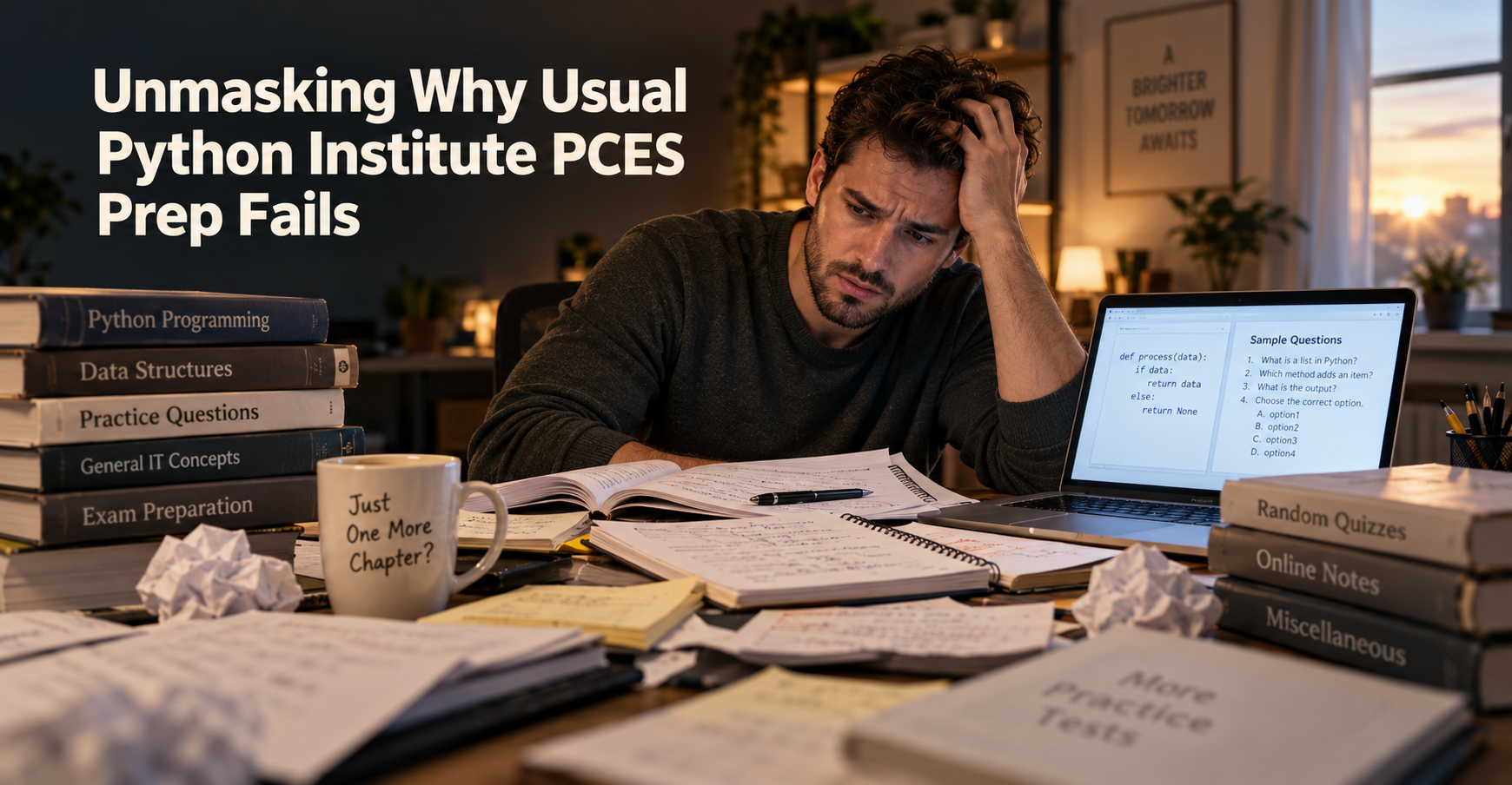 An adult man sits at a desk surrounded by messy study materials, looking frustrated, symbolizing failed preparation for the Python Institute PCES exam.